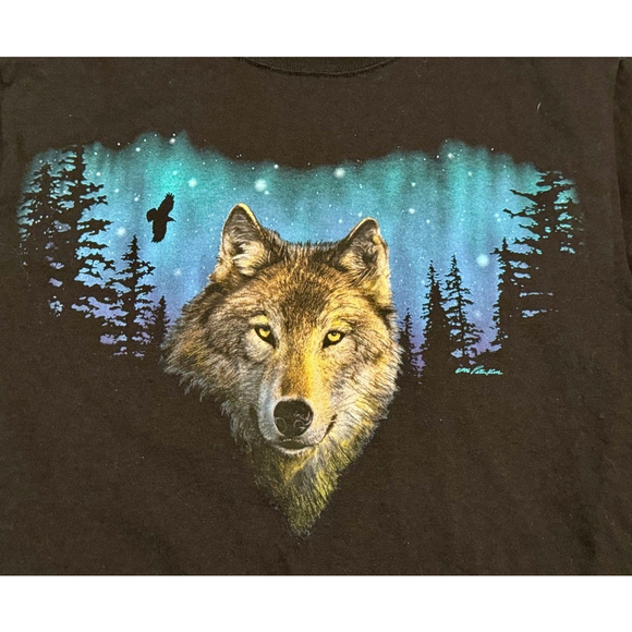 Vintage 90s Delta Magnum Weight Wolf Northern Lights Graphic Long Sleeve Tee Med - Picture 7 of 7